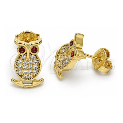 Oro Laminado Stud Earring, Gold Filled Style Owl Design, with Garnet Cubic Zirconia and White Micro Pave, Polished, Golden Finish, 02.156.0291