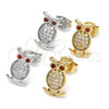 Oro Laminado Stud Earring, Gold Filled Style Owl Design, with Garnet Cubic Zirconia and White Micro Pave, Polished, Golden Finish, 02.156.0291