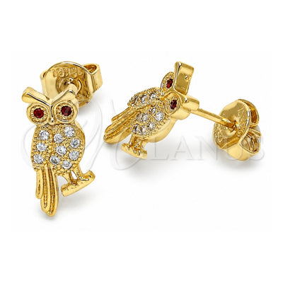 Oro Laminado Stud Earring, Gold Filled Style Owl Design, with Garnet and White Cubic Zirconia, Polished, Golden Finish, 02.156.0292