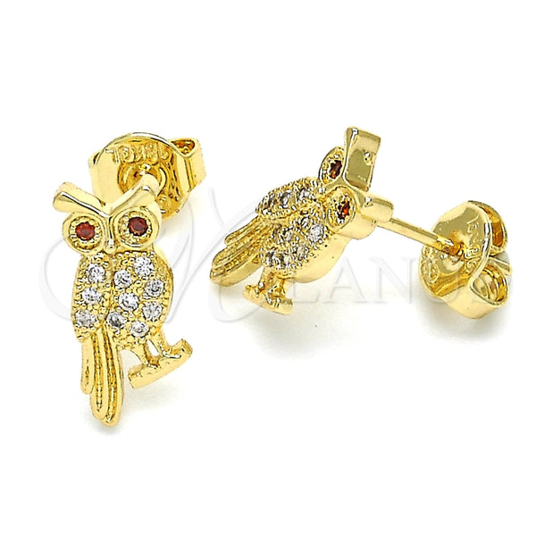 Oro Laminado Stud Earring, Gold Filled Style Owl Design, with Garnet and White Cubic Zirconia, Polished, Golden Finish, 02.156.0292