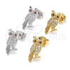 Oro Laminado Stud Earring, Gold Filled Style Owl Design, with Garnet and White Cubic Zirconia, Polished, Golden Finish, 02.156.0292