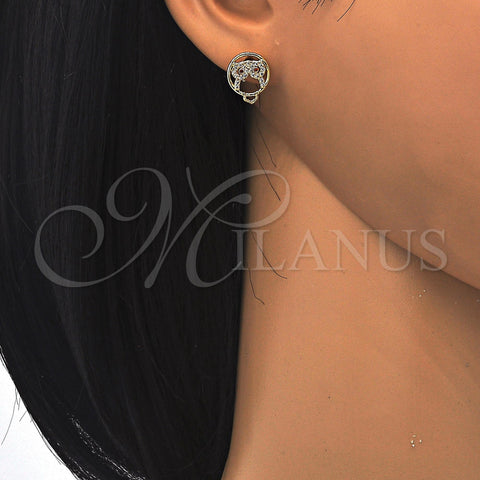 Oro Laminado Stud Earring, Gold Filled Style Owl Design, with Garnet and White Cubic Zirconia, Polished, Golden Finish, 02.156.0294