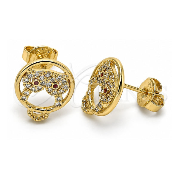 Oro Laminado Stud Earring, Gold Filled Style Owl Design, with Garnet and White Cubic Zirconia, Polished, Golden Finish, 02.156.0294