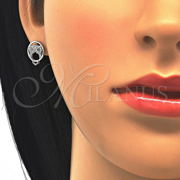 Rhodium Plated Stud Earring, Owl Design, with Garnet and White Cubic Zirconia, Polished, Rhodium Finish, 02.156.0294.1