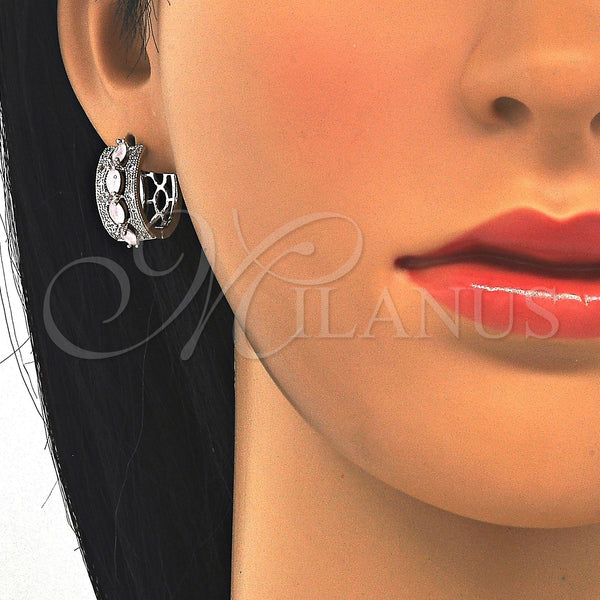 White Gold Filled Hoop Earrings — Huggie Hoop with Pink and White Cubic Zirconia — alternate product view — SKU 122322 | Oro Laminado Blanco aretes de aro — Huggie Hoop with Pink and blanco Cubic Zirconia — SKU 122322