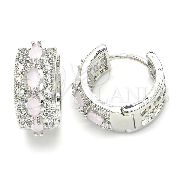 White Gold Filled Hoop Earrings — Huggie Hoop with Pink and White Cubic Zirconia — main product view — SKU 122322 | Oro Laminado Blanco aretes de aro — Huggie Hoop with Pink and blanco Cubic Zirconia — SKU 122322