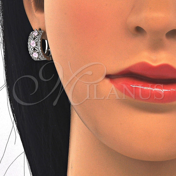 White Gold Filled Hoop Earrings — Huggie Hoop with Pink and White Cubic Zirconia — alternate product view — SKU 122336 | Oro Laminado Blanco aretes de aro — Huggie Hoop with Pink and blanco Cubic Zirconia — SKU 122336