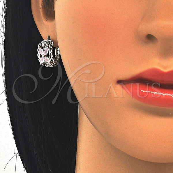 White Gold Filled Hoop Earrings — Huggie Hoop Flower Design with Pink and White — alternate product view — SKU 122350 | Oro Laminado Blanco aretes de aro — Huggie Hoop flor diseño with Pink and blanco — SKU 122350