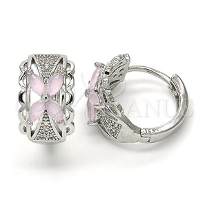 White Gold Filled Hoop Earrings — Huggie Hoop Flower Design with Pink and White — main product view — SKU 122350 | Oro Laminado Blanco aretes de aro — Huggie Hoop flor diseño with Pink and blanco — SKU 122350