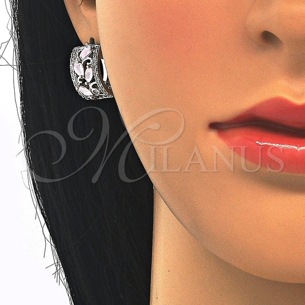 White Gold Filled Hoop Earrings — Huggie Hoop Teardrop and Leaf Design with Pink — alternate product view — SKU 122377 | Oro Laminado Blanco aretes de aro — Huggie Hoop Teardrop and Leaf diseño with Pink — SKU 122377