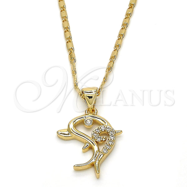 Oro Laminado Pendant Necklace, Gold Filled Style Dolphin Design, with White Cubic Zirconia, Polished, Golden Finish, 04.156.0152.20 (02 MM Thickness, 20 Inches Length)