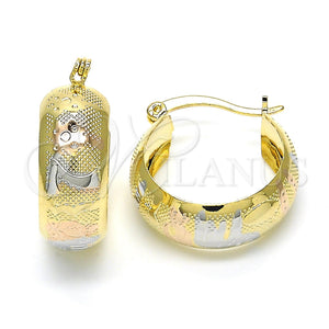 Gold Filled Hoop Earrings — Small Hoop Owl and Elephant Design Polished Tricolor — main product view — SKU 122394 | Oro Laminado aretes de aro — Small Hoop Owl and Elephant diseño pulido Tricolor — SKU 122394