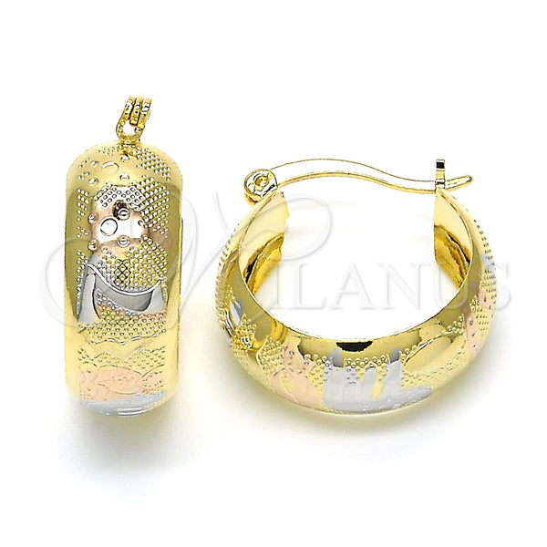 Gold Filled Hoop Earrings — Small Hoop Owl and Elephant Design Polished Tricolor — main product view — SKU 122394 | Oro Laminado aretes de aro — Small Hoop Owl and Elephant diseño pulido Tricolor — SKU 122394