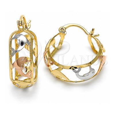 Oro Laminado Small Hoop, Gold Filled Style Dolphin Design, Polished, Tricolor, 02.106.0034.1.20