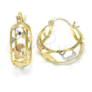 Gold Filled Hoop Earrings — Small Hoop Dolphin Design Polished Tricolor 02. — main product view — SKU 122398 | Oro Laminado aretes de aro — Small Hoop Dolphin diseño pulido Tricolor 02. — SKU 122398
