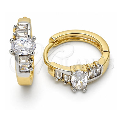 Oro Laminado Huggie Hoop, Gold Filled Style Baguette Design, with White Cubic Zirconia, Polished, Two Tone, 02.210.0143.15
