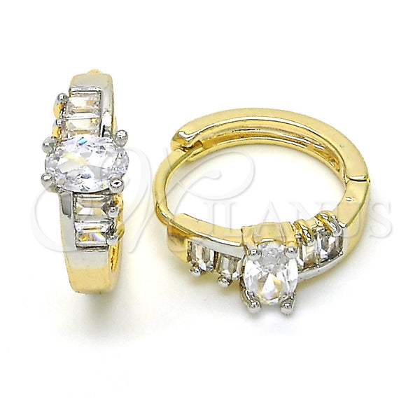 Oro Laminado Huggie Hoop, Gold Filled Style Baguette Design, with White Cubic Zirconia, Polished, Two Tone, 02.210.0143.15