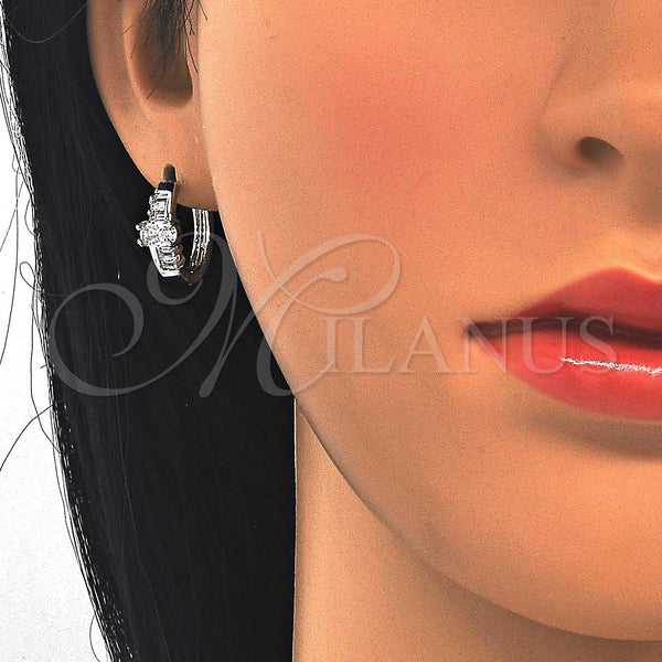 White Gold Filled Hoop Earrings — Huggie Hoop Baguette Design with White Cubic Zirconia — alternate product view — SKU 122458 | Oro Laminado Blanco aretes de aro — Huggie Hoop Baguette diseño with blanco Cubic Zirconia — SKU 122458