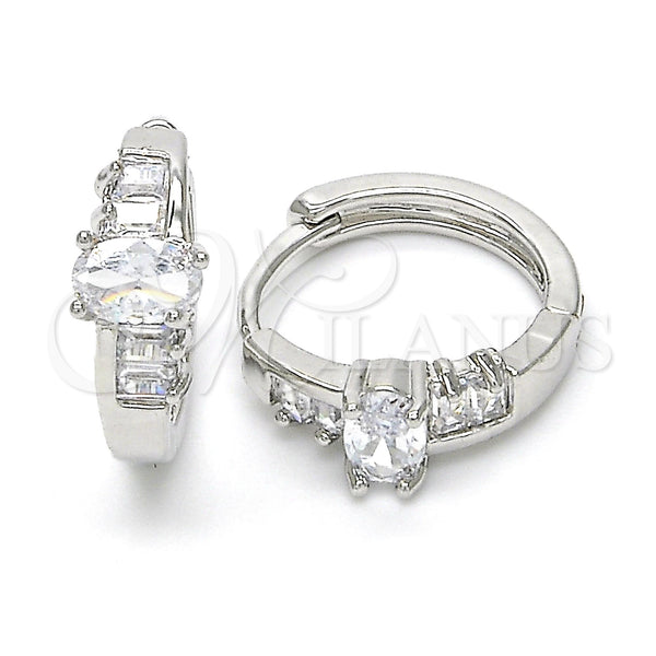White Gold Filled Hoop Earrings — Huggie Hoop Baguette Design with White Cubic Zirconia — main product view — SKU 122458 | Oro Laminado Blanco aretes de aro — Huggie Hoop Baguette diseño with blanco Cubic Zirconia — SKU 122458