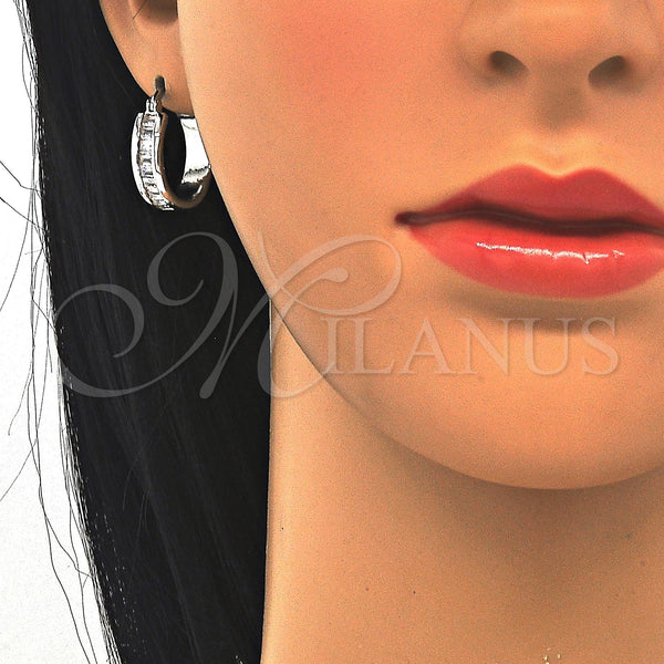 White Gold Filled Hoop Earrings — Small Hoop Baguette Design with White Cubic Zirconia — alternate product view — SKU 122475 | Oro Laminado Blanco aretes de aro — Small Hoop Baguette diseño with blanco Cubic Zirconia — SKU 122475