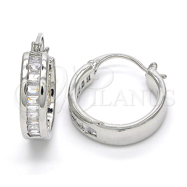 White Gold Filled Hoop Earrings — Small Hoop Baguette Design with White Cubic Zirconia — main product view — SKU 122475 | Oro Laminado Blanco aretes de aro — Small Hoop Baguette diseño with blanco Cubic Zirconia — SKU 122475