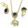 Oro Laminado Earring and Pendant Adult Set, Gold Filled Style Elephant Design, with Black and White Crystal, Polished, Golden Finish, 10.122.0007.1