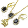 Oro Laminado Earring and Pendant Adult Set, Gold Filled Style Elephant Design, with Black and White Crystal, Polished, Golden Finish, 10.122.0007.1