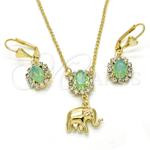 Oro Laminado Earring and Pendant Adult Set, Gold Filled Style Elephant Design, with Chrysolite Opal and White Crystal, Polished, Golden Finish, 10.122.0007.2