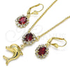 Oro Laminado Earring and Pendant Adult Set, Gold Filled Style Dolphin Design, with Garnet and White Crystal, Polished, Golden Finish, 10.122.0008