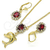 Oro Laminado Earring and Pendant Adult Set, Gold Filled Style Dolphin Design, with Garnet and White Crystal, Polished, Golden Finish, 10.122.0008
