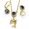 Oro Laminado Earring and Pendant Adult Set, Gold Filled Style Dolphin Design, with Black and White Crystal, Polished, Golden Finish, 10.122.0008.1