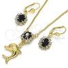 Oro Laminado Earring and Pendant Adult Set, Gold Filled Style Dolphin Design, with Black and White Crystal, Polished, Golden Finish, 10.122.0008.1