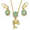 Oro Laminado Earring and Pendant Adult Set, Gold Filled Style Dolphin Design, with Chrysolite Opal and White Crystal, Polished, Golden Finish, 10.122.0008.2