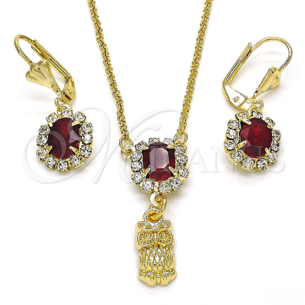 Oro Laminado Earring and Pendant Adult Set, Gold Filled Style Owl Design, with Garnet and White Crystal, Polished, Golden Finish, 10.122.0009