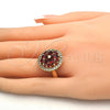 Oro Laminado Multi Stone Ring, Gold Filled Style Flower Design, with Garnet and White Cubic Zirconia, Polished, Golden Finish, 01.266.0020.3.07 (Size 7)
