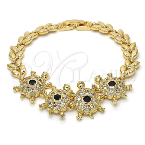 Oro Laminado Fancy Bracelet, Gold Filled Style Turtle and Leaf Design, with Black and White Cubic Zirconia, Polished, Golden Finish, 03.266.0026.07 (08 MM Thickness, 7 Inches Length)