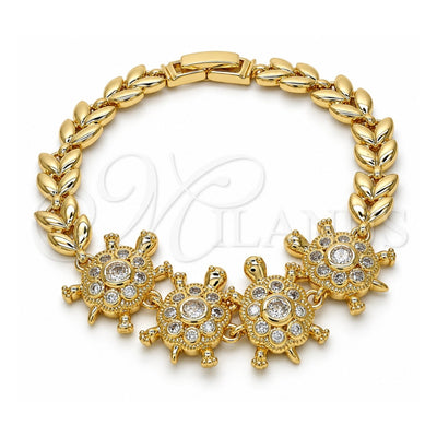 Oro Laminado Fancy Bracelet, Gold Filled Style Turtle and Leaf Design, with White Cubic Zirconia, Polished, Golden Finish, 03.266.0026.1.07 (08 MM Thickness, 7 Inches Length)