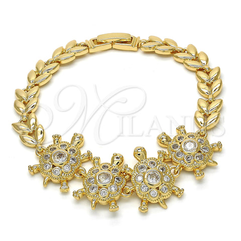 Oro Laminado Fancy Bracelet, Gold Filled Style Turtle and Leaf Design, with White Cubic Zirconia, Polished, Golden Finish, 03.266.0026.1.07 (08 MM Thickness, 7 Inches Length)