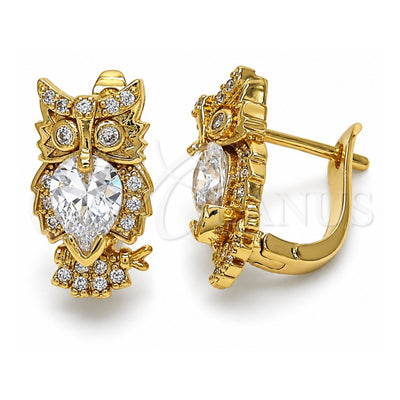 Oro Laminado Huggie Hoop, Gold Filled Style Owl Design, with White Crystal, Polished, Golden Finish, 02.210.0158.15