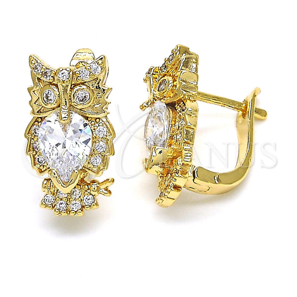 Gold Filled Hoop Earrings — Huggie Hoop Owl Design with White Crystal Polished — main product view — SKU 122604 | Oro Laminado aretes de aro — Huggie Hoop Owl diseño with cristal blanco pulido — SKU 122604