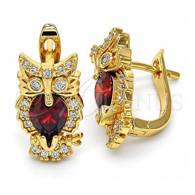 Oro Laminado Huggie Hoop, Gold Filled Style Owl Design, with Garnet and White Cubic Zirconia, Polished, Golden Finish, 02.210.0158.1.15