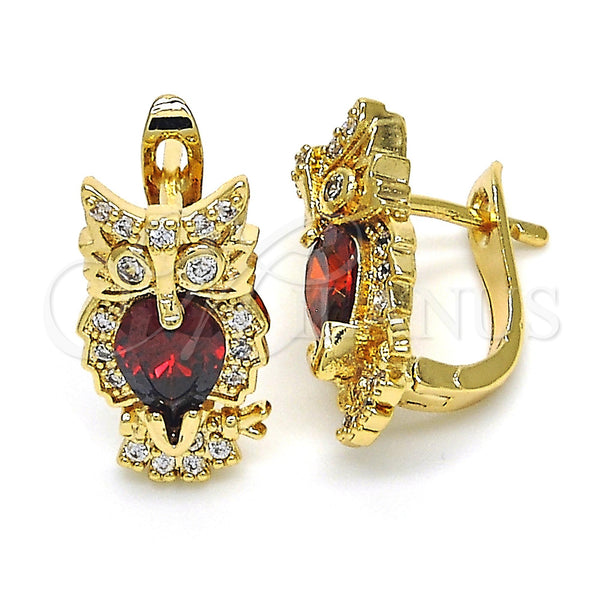 Gold Filled Hoop Earrings — Huggie Hoop Owl Design with Garnet and White — main product view — SKU 122605 | Oro Laminado aretes de aro — Huggie Hoop Owl diseño with Garnet and blanco — SKU 122605