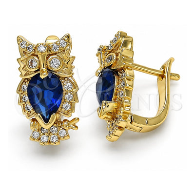 Oro Laminado Huggie Hoop, Gold Filled Style Owl Design, with Sapphire Blue and White Cubic Zirconia, Polished, Golden Finish, 02.210.0158.2.15