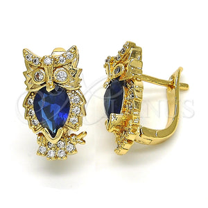 Gold Filled Hoop Earrings — Huggie Hoop Owl Design with Sapphire Blue and — main product view — SKU 122606 | Oro Laminado aretes de aro — Huggie Hoop Owl diseño with Sapphire Blue and — SKU 122606
