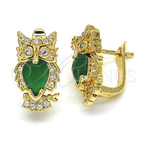 Gold Filled Hoop Earrings — Huggie Hoop Owl Design with Green and White — main product view — SKU 122607 | Oro Laminado aretes de aro — Huggie Hoop Owl diseño with Green and blanco — SKU 122607