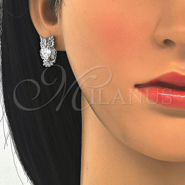 White Gold Filled Hoop Earrings — Huggie Hoop Owl Design with White Cubic Zirconia — alternate product view — SKU 122608 | Oro Laminado Blanco aretes de aro — Huggie Hoop Owl diseño with blanco Cubic Zirconia — SKU 122608