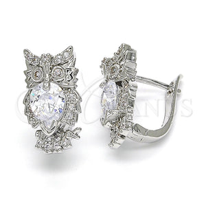 White Gold Filled Hoop Earrings — Huggie Hoop Owl Design with White Cubic Zirconia — main product view — SKU 122608 | Oro Laminado Blanco aretes de aro — Huggie Hoop Owl diseño with blanco Cubic Zirconia — SKU 122608