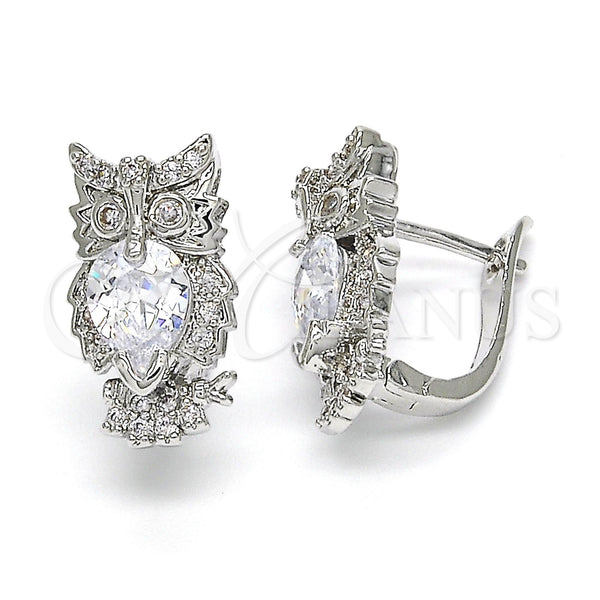 White Gold Filled Hoop Earrings — Huggie Hoop Owl Design with White Cubic Zirconia — main product view — SKU 122608 | Oro Laminado Blanco aretes de aro — Huggie Hoop Owl diseño with blanco Cubic Zirconia — SKU 122608