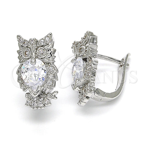 Rhodium Plated Huggie Hoop, Owl Design, with White Cubic Zirconia, Polished, Rhodium Finish, 02.210.0158.4.15