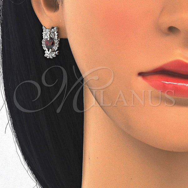White Gold Filled Hoop Earrings — Huggie Hoop Owl Design with Garnet and White — alternate product view — SKU 122609 | Oro Laminado Blanco aretes de aro — Huggie Hoop Owl diseño with Garnet and blanco — SKU 122609
